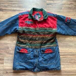 Current Seen Vintage Denim Jacket Aztec Southwestern Tapestry Size L 80s 90s Red